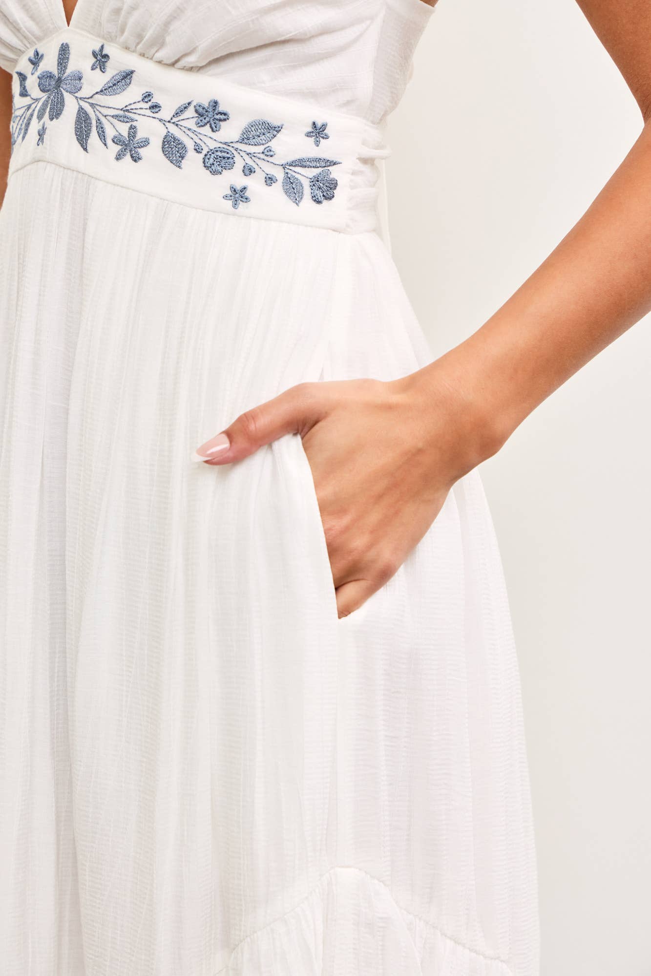 white dress, boho dress, blue embroidered dress, maxi dress, long dress, pockets, tiered dress