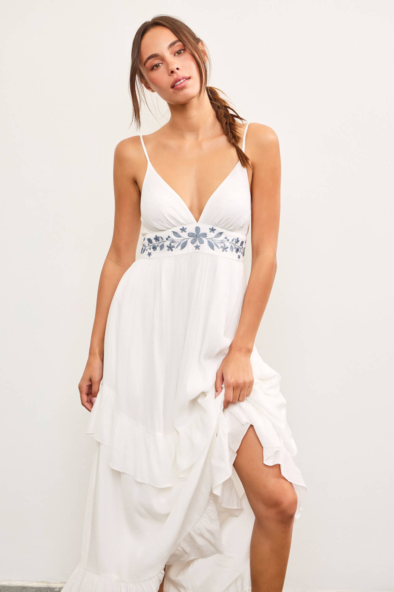 white dress, boho dress, blue embroidered dress, maxi dress, long dress, pockets, tiered dress
