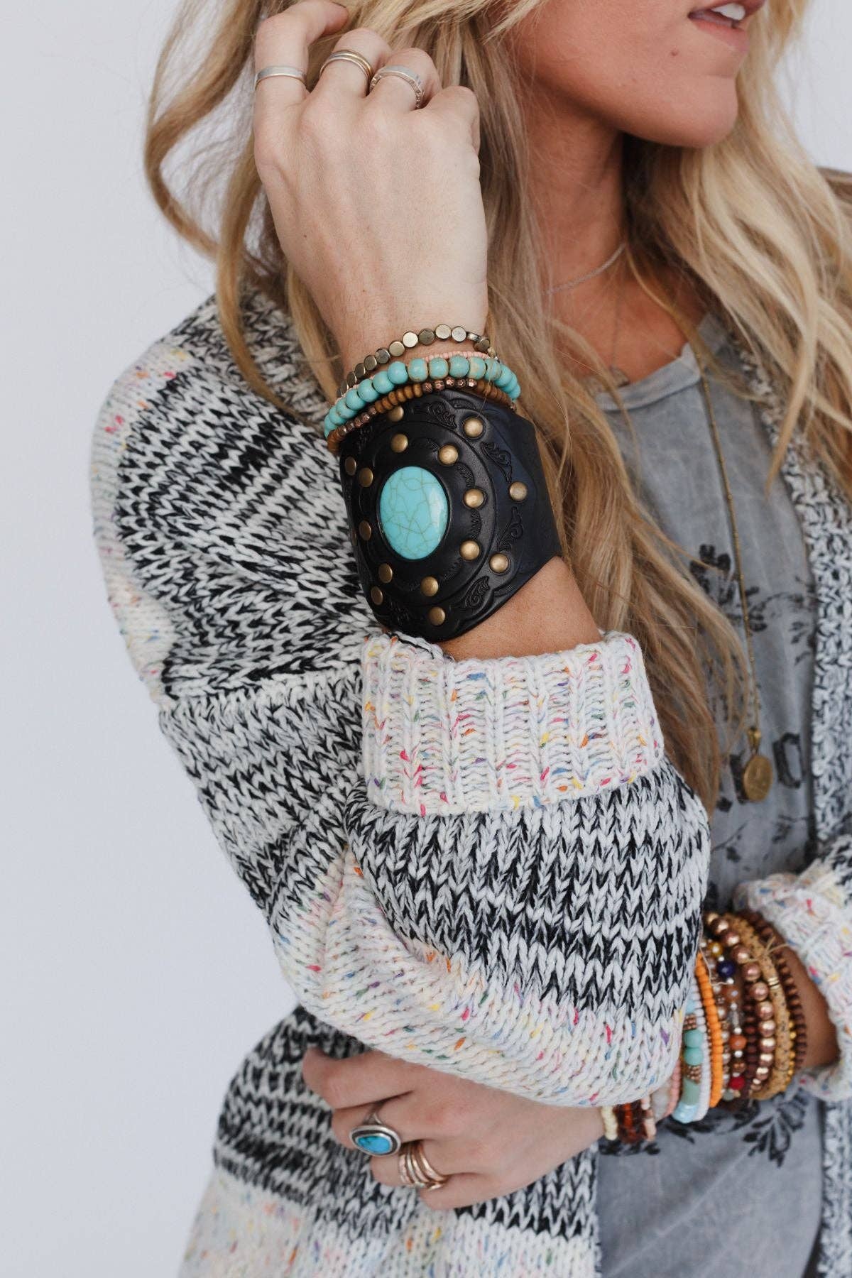 Three Bird Nest - Aegean Boho Leather Cuff Bracelet - Black