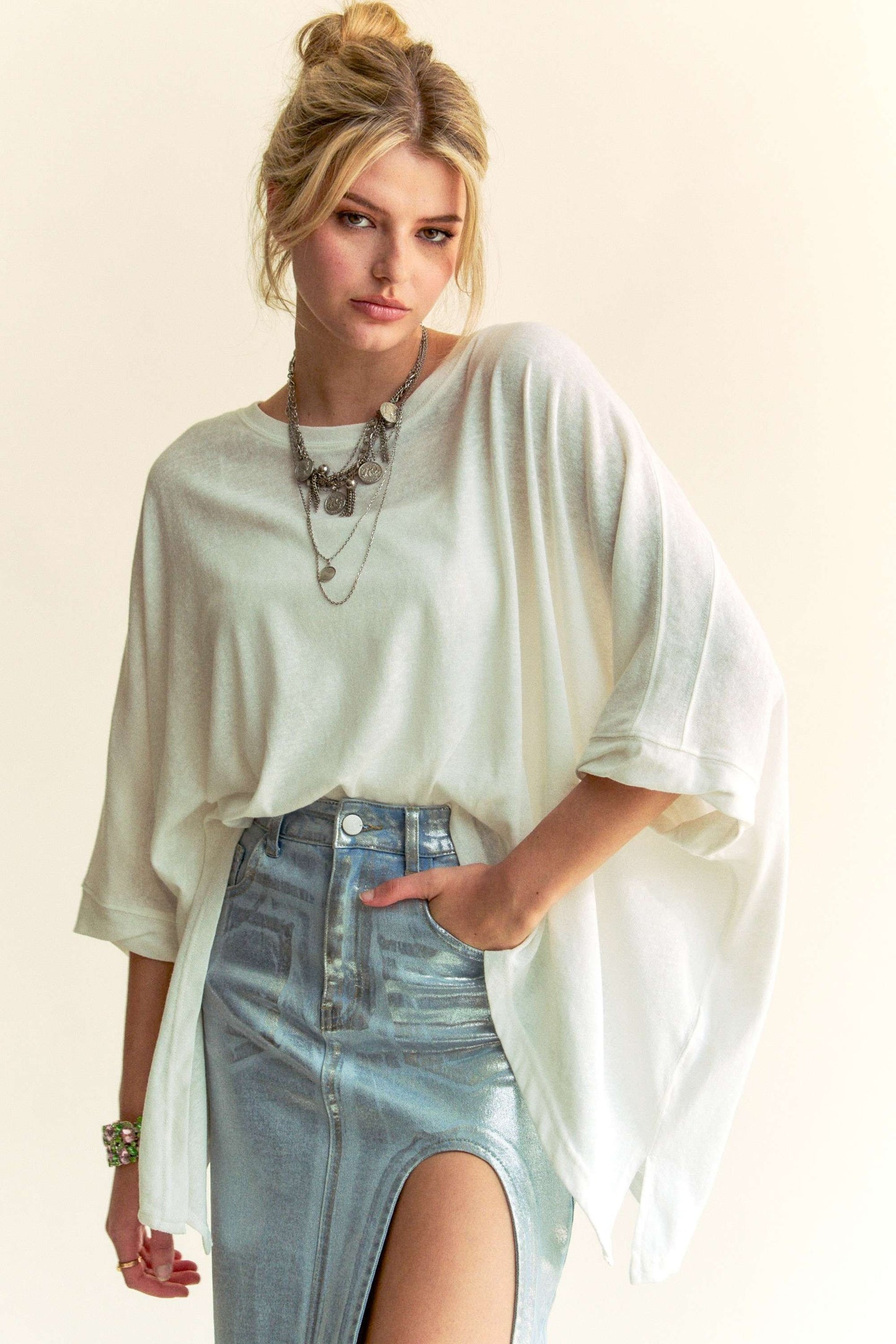 white basic blouse, boho blouse, batwing top, side slip top, free people top