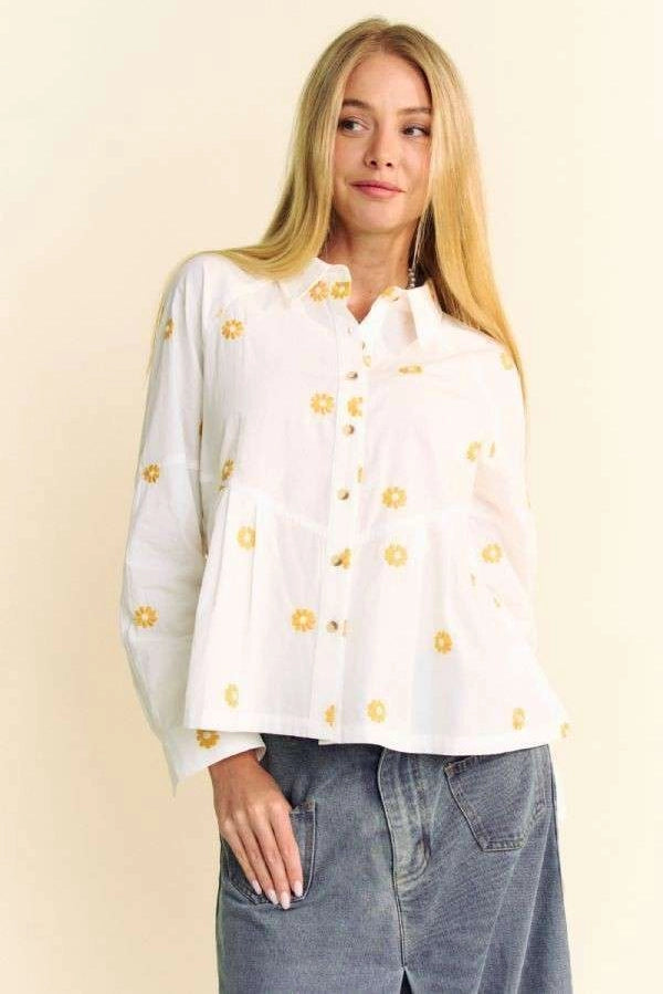 white button-up, free people dupe, daisy embroidered shirt, hippie style, boho style