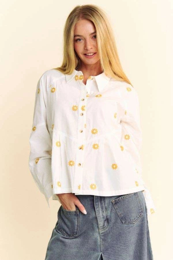 white button-up, free people dupe, daisy embroidered shirt, hippie style, boho style