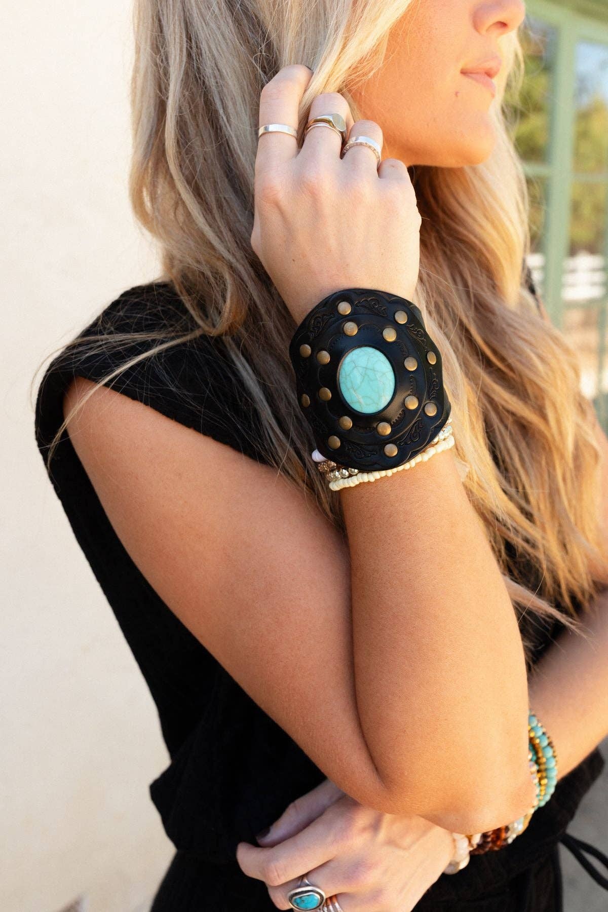 Three Bird Nest - Aegean Boho Leather Cuff Bracelet - Black