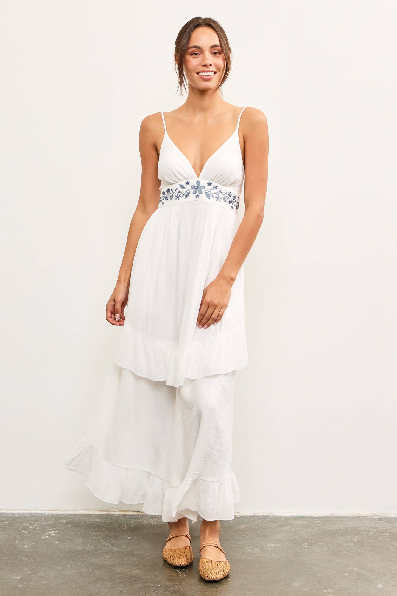 white dress, boho dress, blue embroidered dress, maxi dress, long dress, pockets, tiered dress