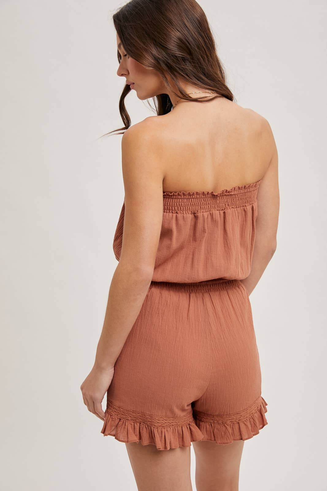 tube top romper, boho style, short romper, ruffled shorts romper