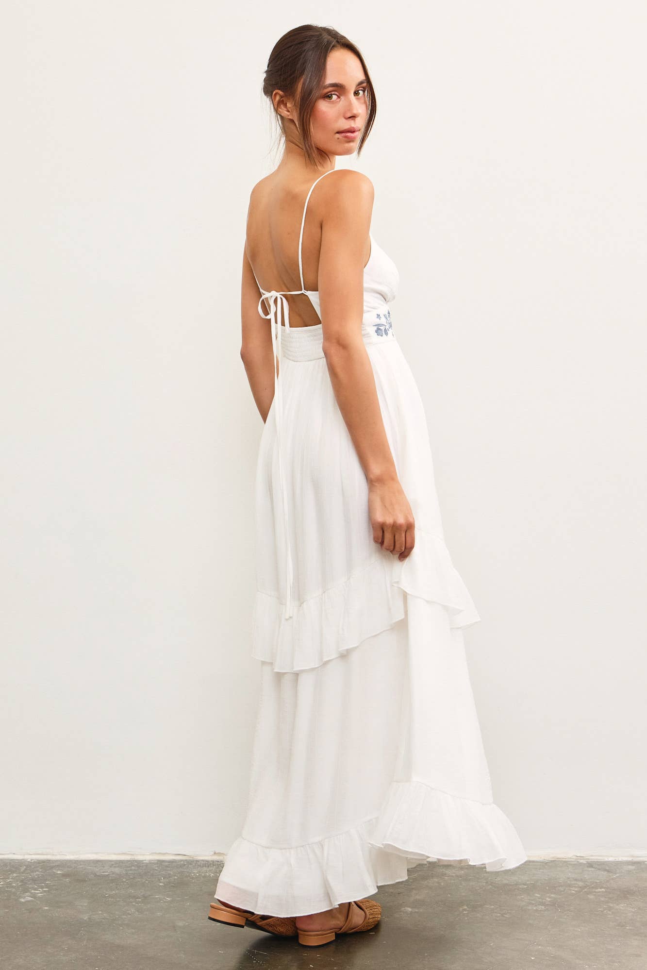 white dress, boho dress, blue embroidered dress, maxi dress, long dress, pockets, tiered dress