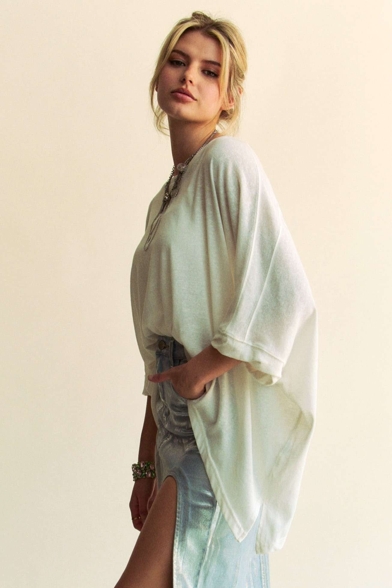 white basic blouse, boho blouse, batwing top, side slip top, free people top