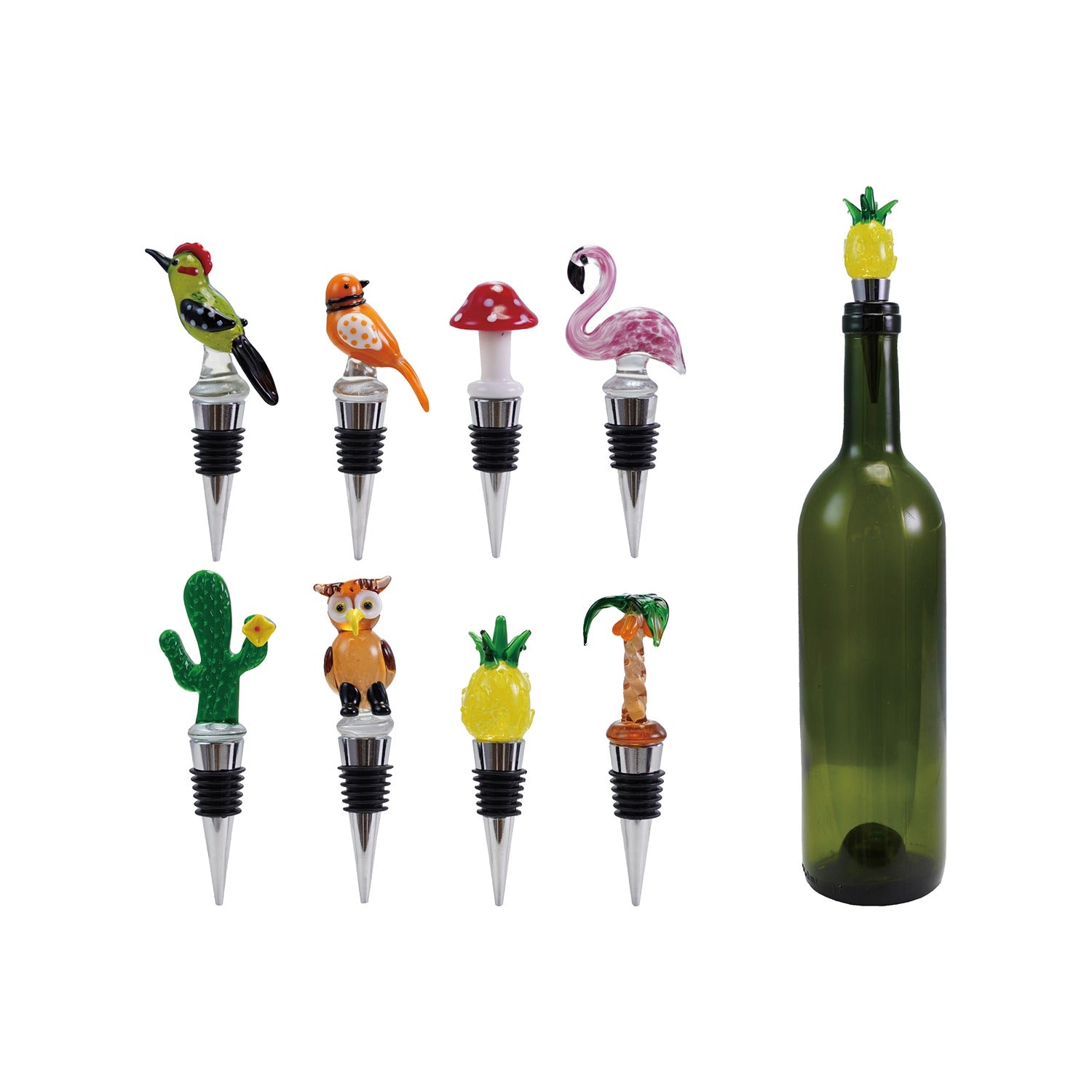 glass wine stopper, gifting, wine, mushroom, owl, cactus, pineapple, bird