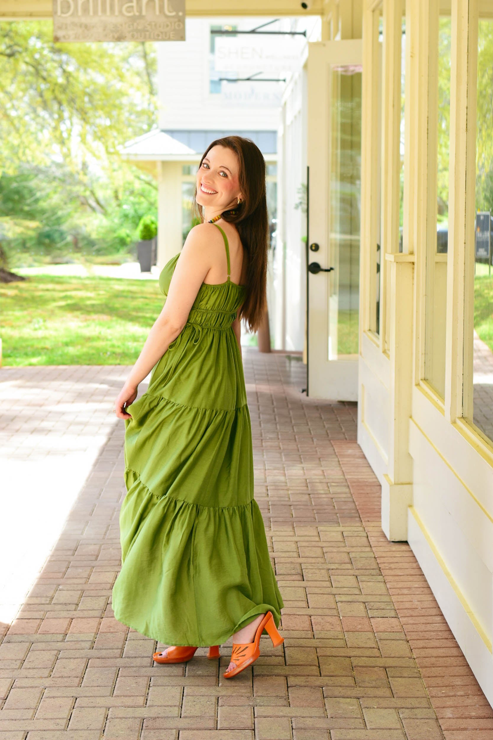 midi dress, olive dress, Easter dress, spring fashion, tiered dress, boho fashion