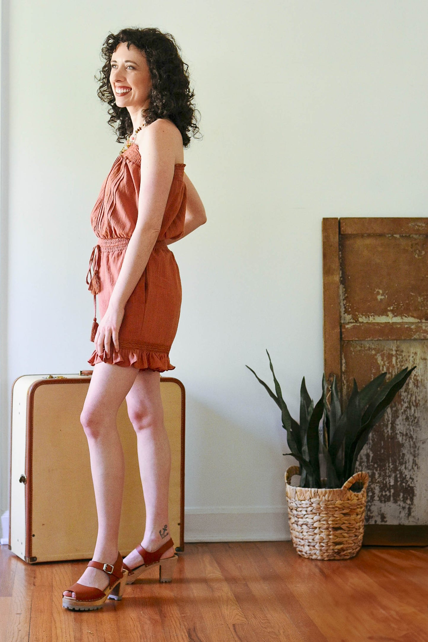 tube top romper, boho style, short romper, ruffled shorts romper, strapless romper