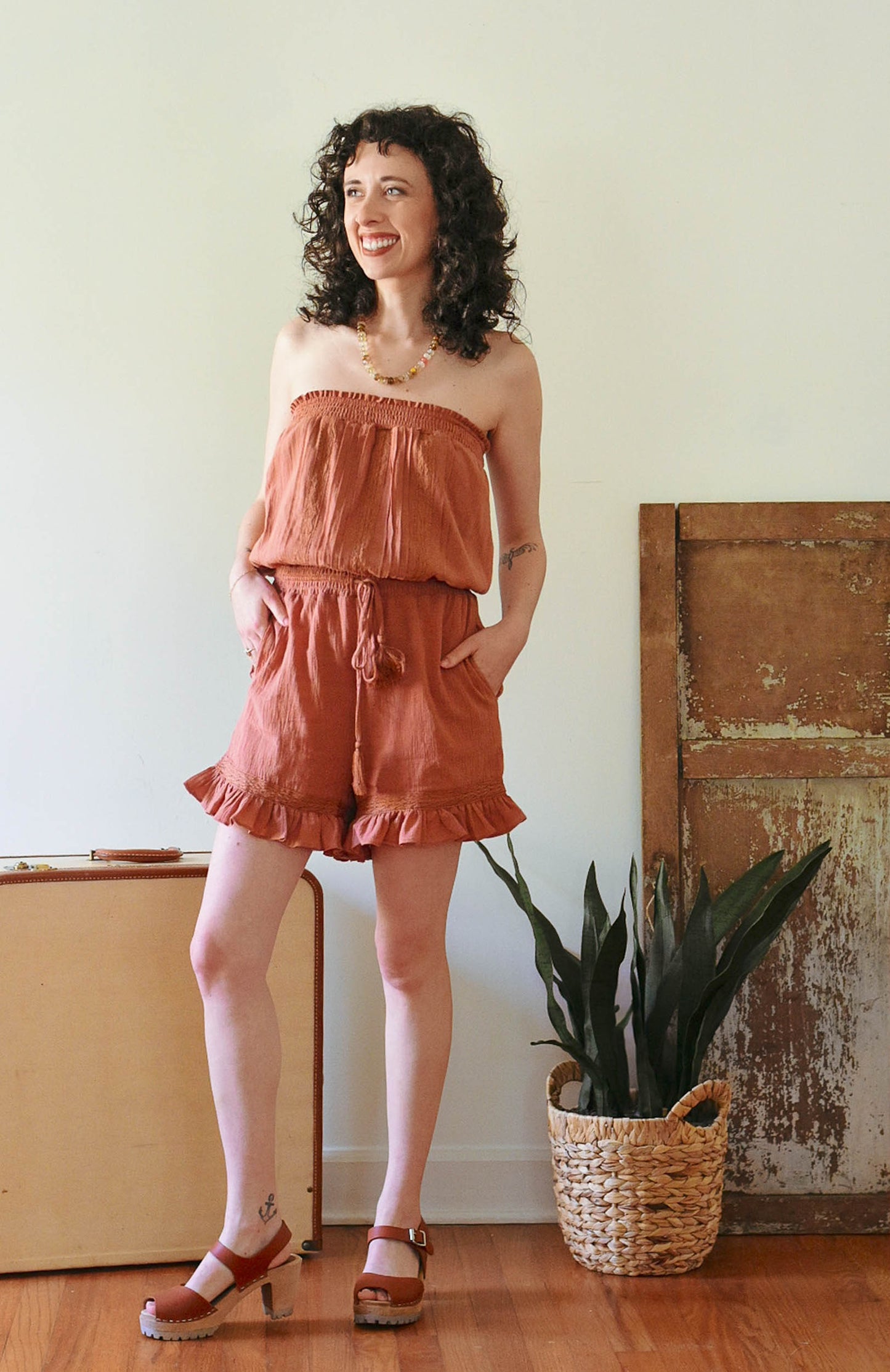 tube top romper, boho style, short romper, ruffled shorts romper, strapless romper