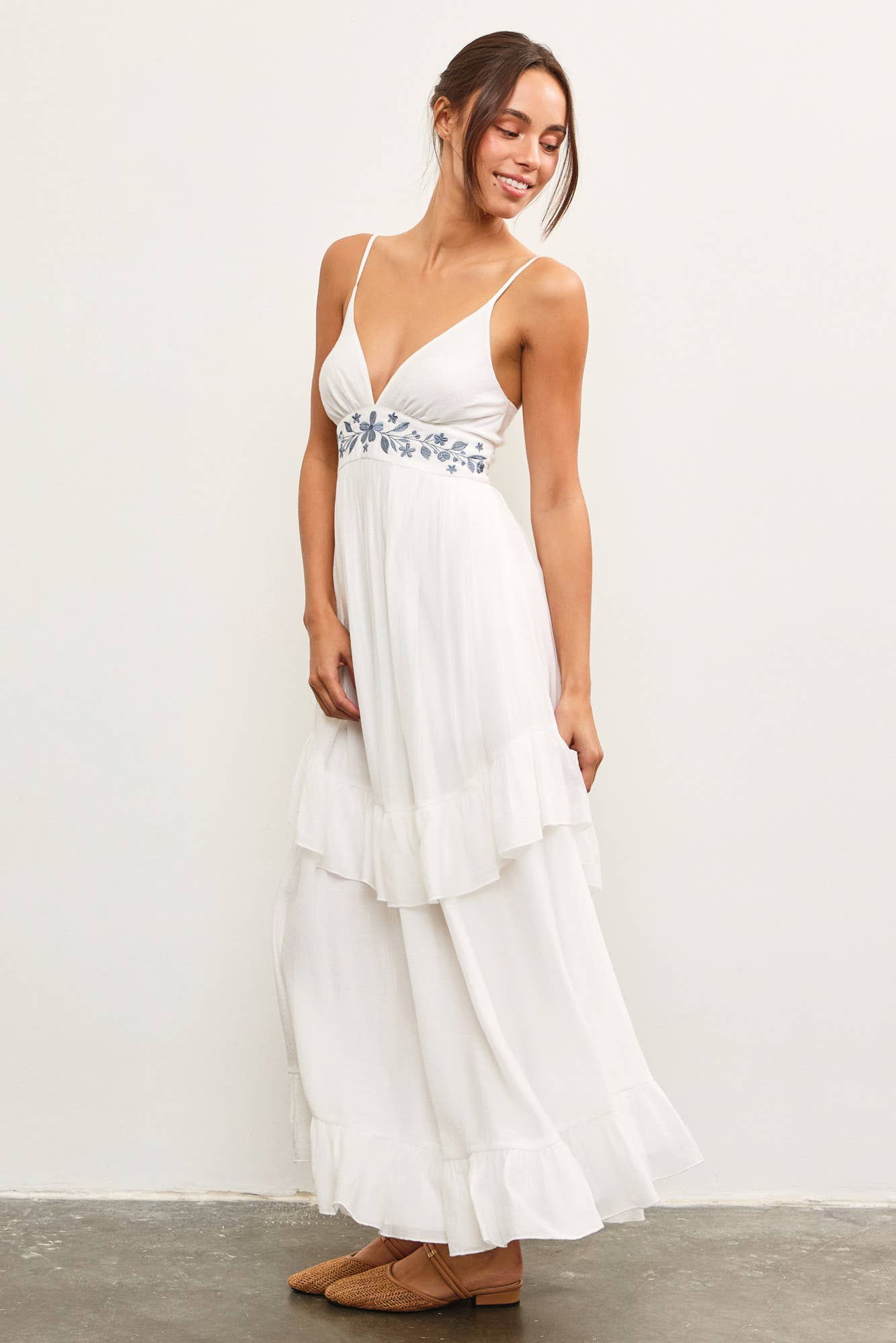 white dress, boho dress, blue embroidered dress, maxi dress, long dress, pockets, tiered dress
