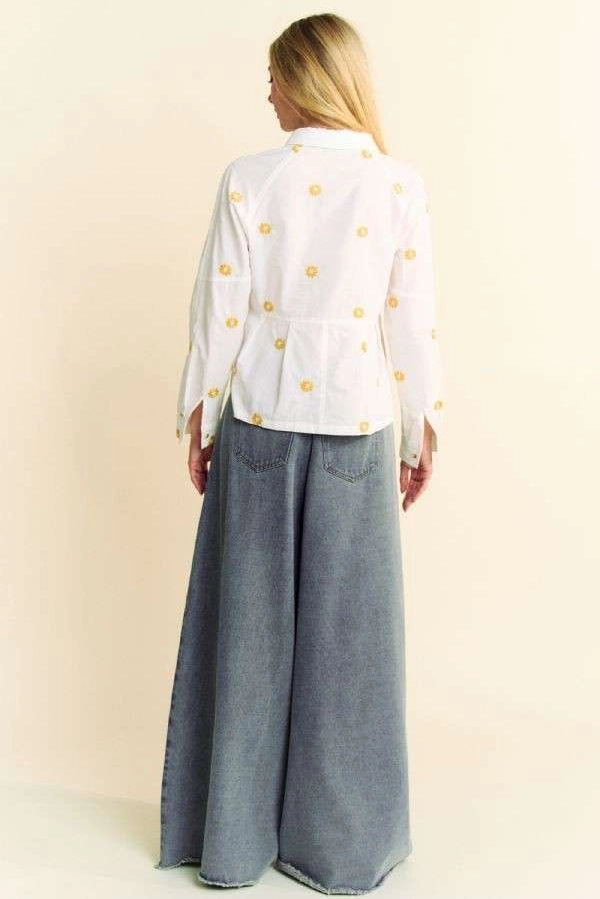 white button-up, free people dupe, daisy embroidered shirt, hippie style, boho style