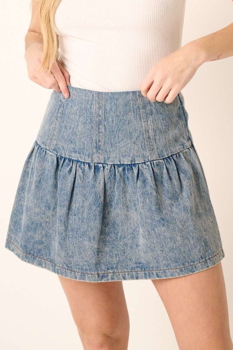 denim skirt, bubble skirt, festival skirt, coachella, summer skirt, boho chic, summer staple, fitted denim skirt, flirty date night skirt, acid wash skirt
