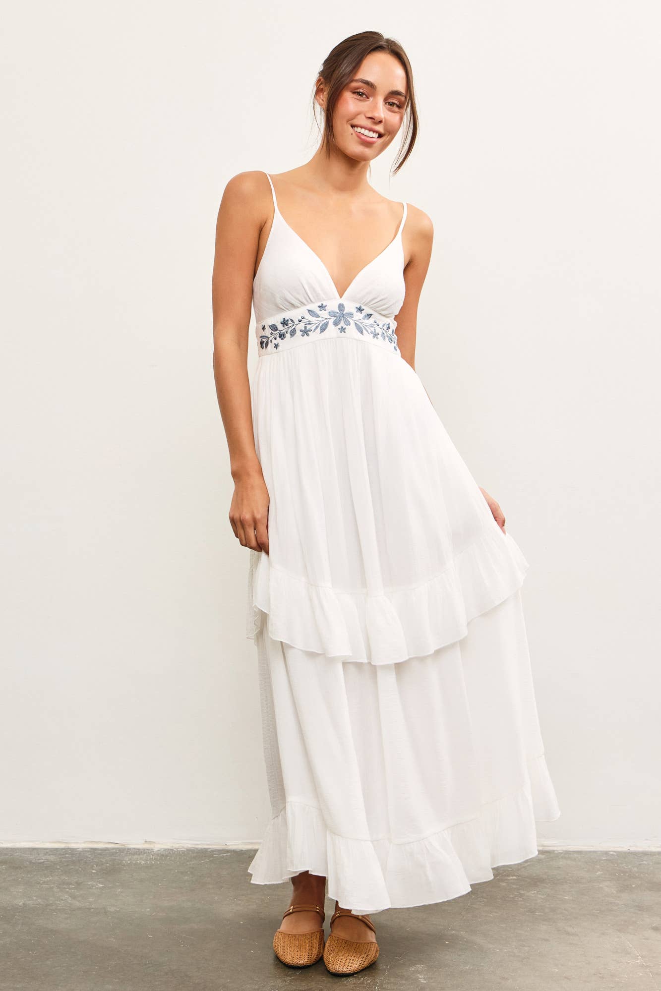 white dress, boho dress, blue embroidered dress, maxi dress, long dress, pockets, tiered dress