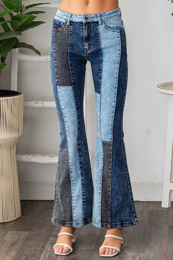 patchwork jeans, color block jeans, denim, free people dupe, flare jeans, hippie style, hippie jeans