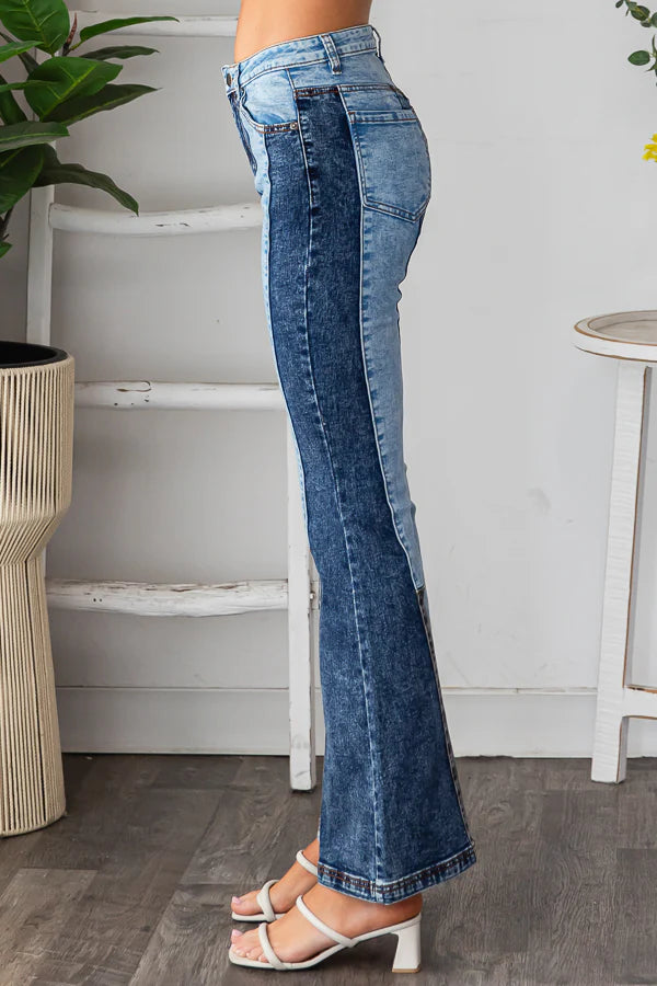 patchwork jeans, color block jeans, denim, free people dupe, flare jeans, hippie style, hippie jeans