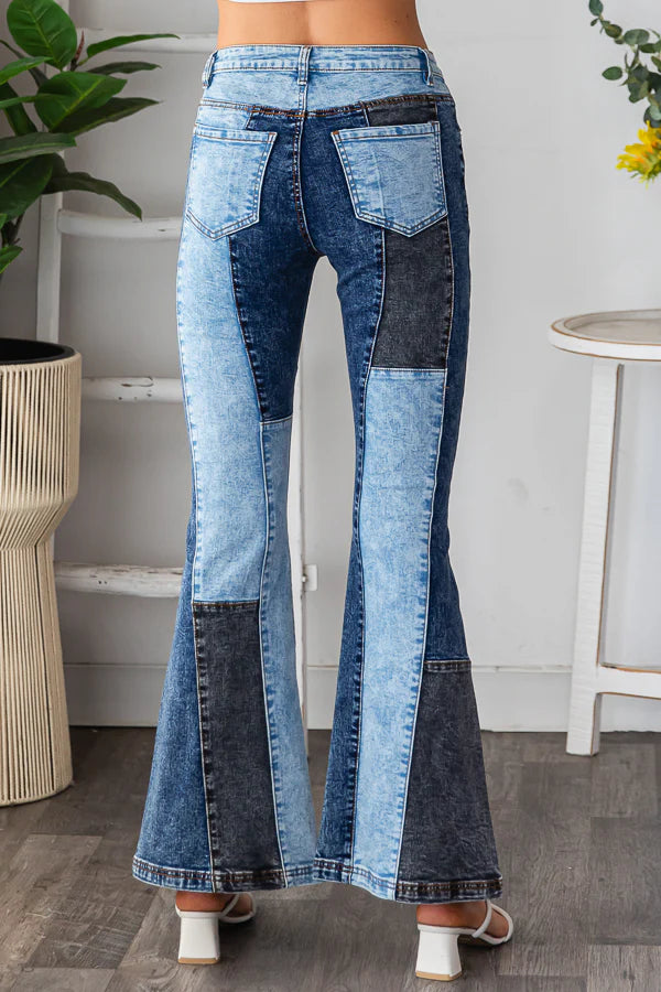 patchwork jeans, color block jeans, denim, free people dupe, flare jeans, hippie style, hippie jeans
