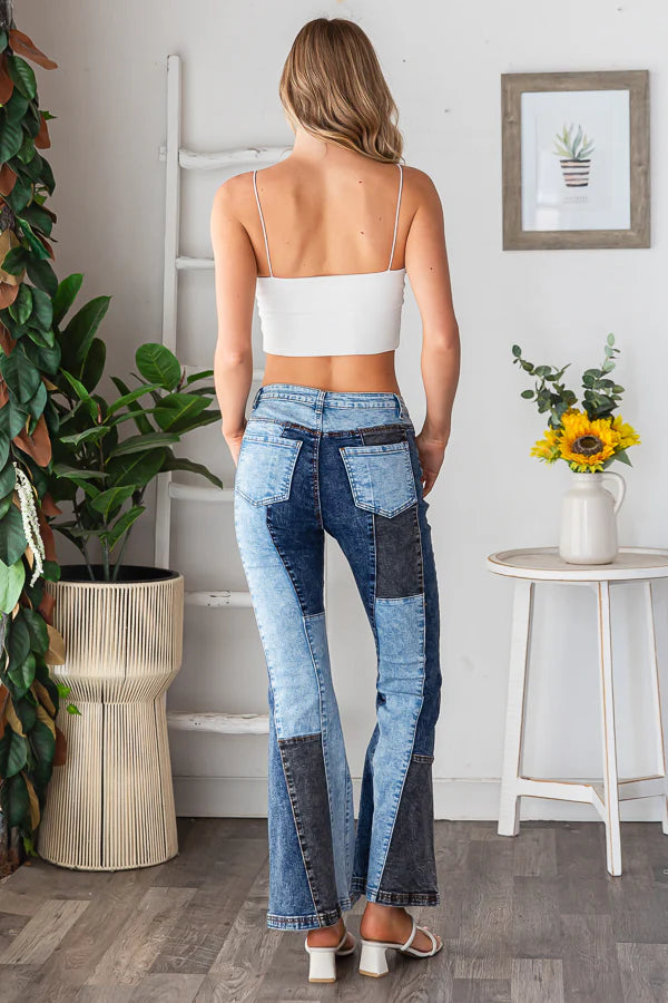 patchwork jeans, color block jeans, denim, free people dupe, flare jeans, hippie style, hippie jeans