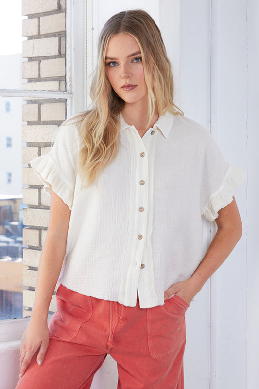 summer top, summer button-up, ruffle-sleeved button-up, beach top, vacation wear, resort wear