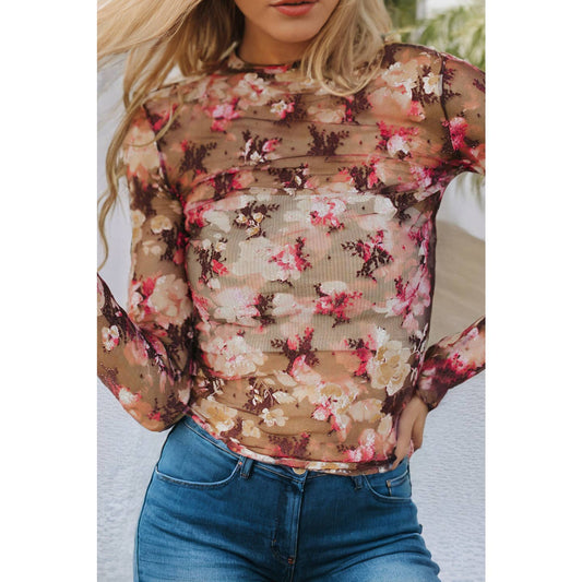 mesh top, floral mesh top, ruched top