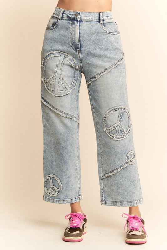 hippie jeans, patchwork jeans, peace sign jeans, peace sign clothes, hippie style, denim, hippie denim