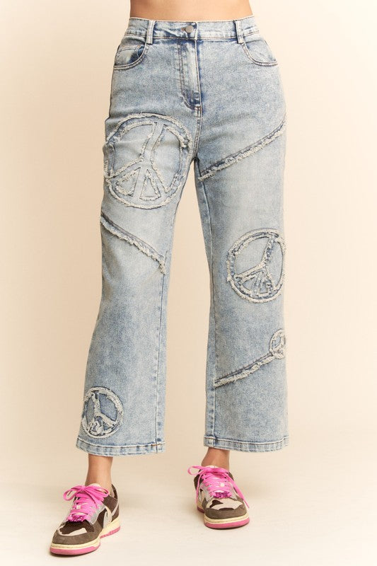 hippie jeans, patchwork jeans, peace sign jeans, peace sign clothes, hippie style, denim, hippie denim