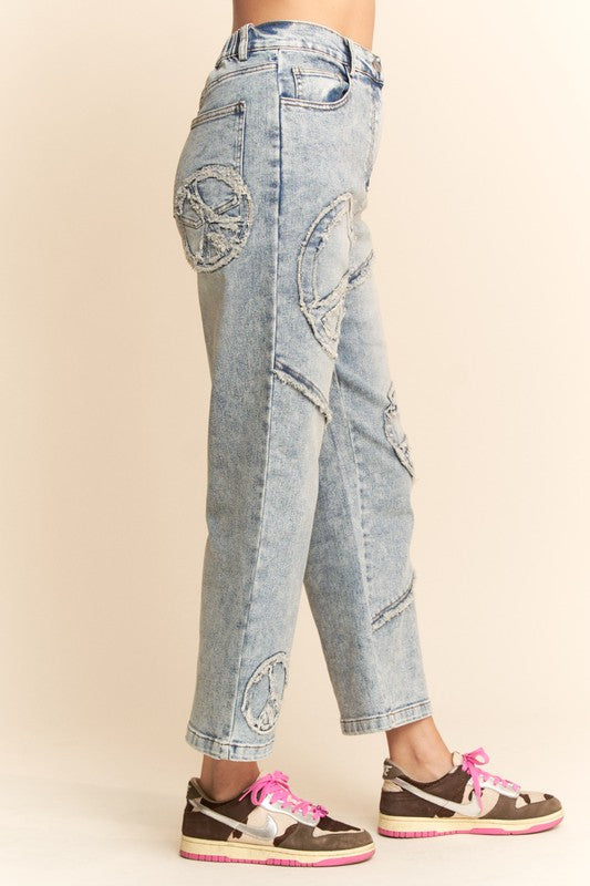 hippie jeans, patchwork jeans, peace sign jeans, peace sign clothes, hippie style, denim, hippie denim