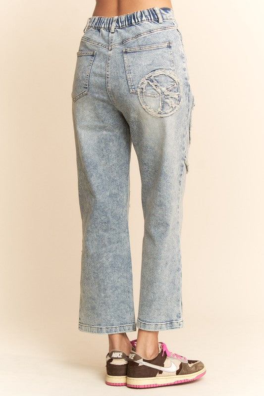 hippie jeans, patchwork jeans, peace sign jeans, peace sign clothes, hippie style, denim, hippie denim