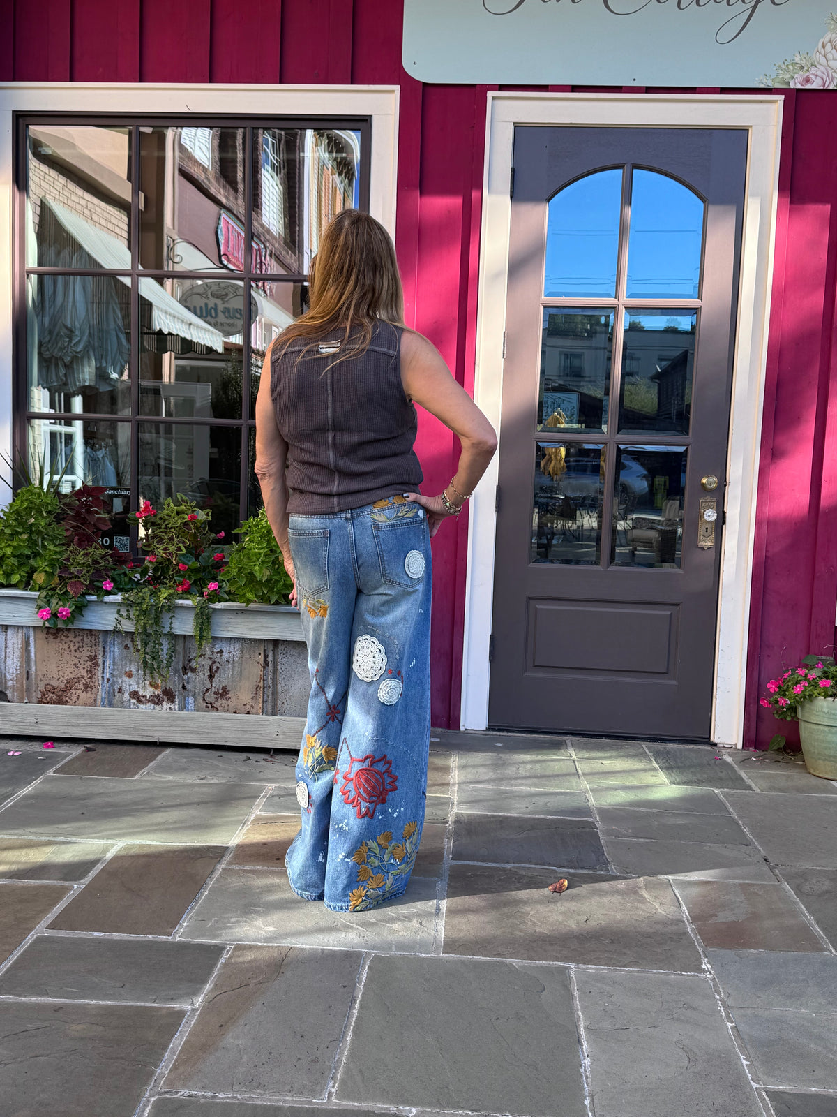 Embroidered Wide Leg Jeans