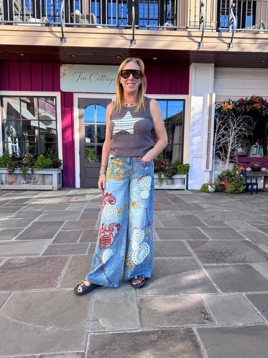 Embroidered Wide Leg Jeans