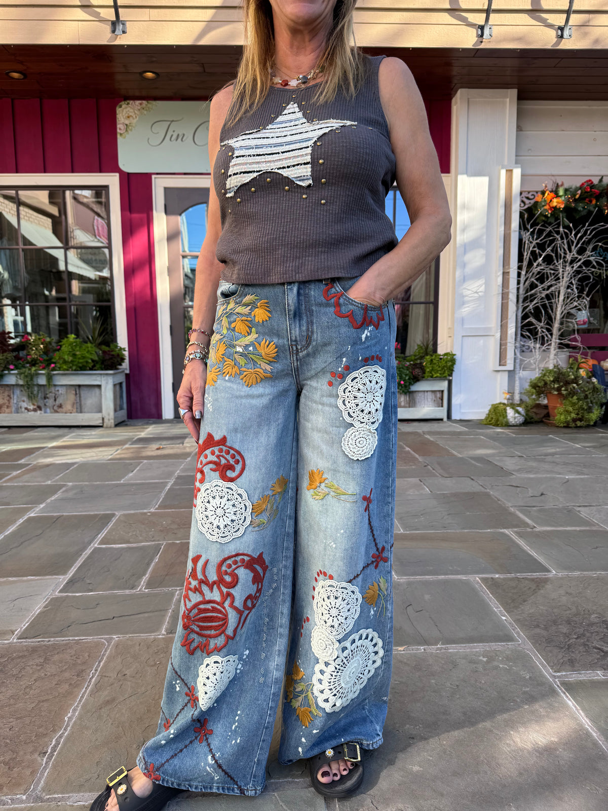 Embroidered Wide Leg Jeans