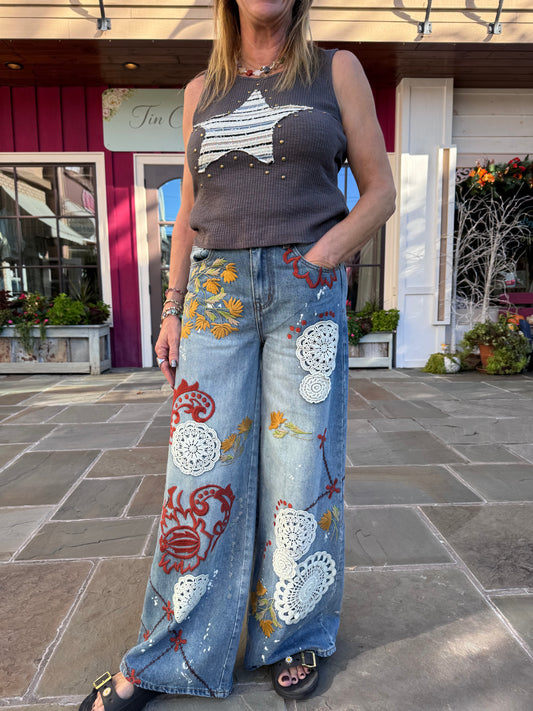 Embroidered Wide Leg Jeans