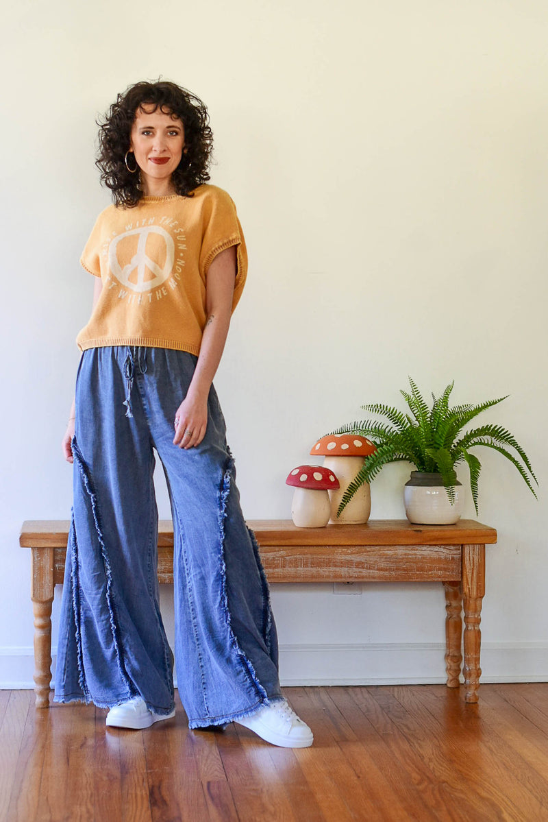 free people dupe, wide leg lounge, denim sweats, hippie pants, boho style, hippie style