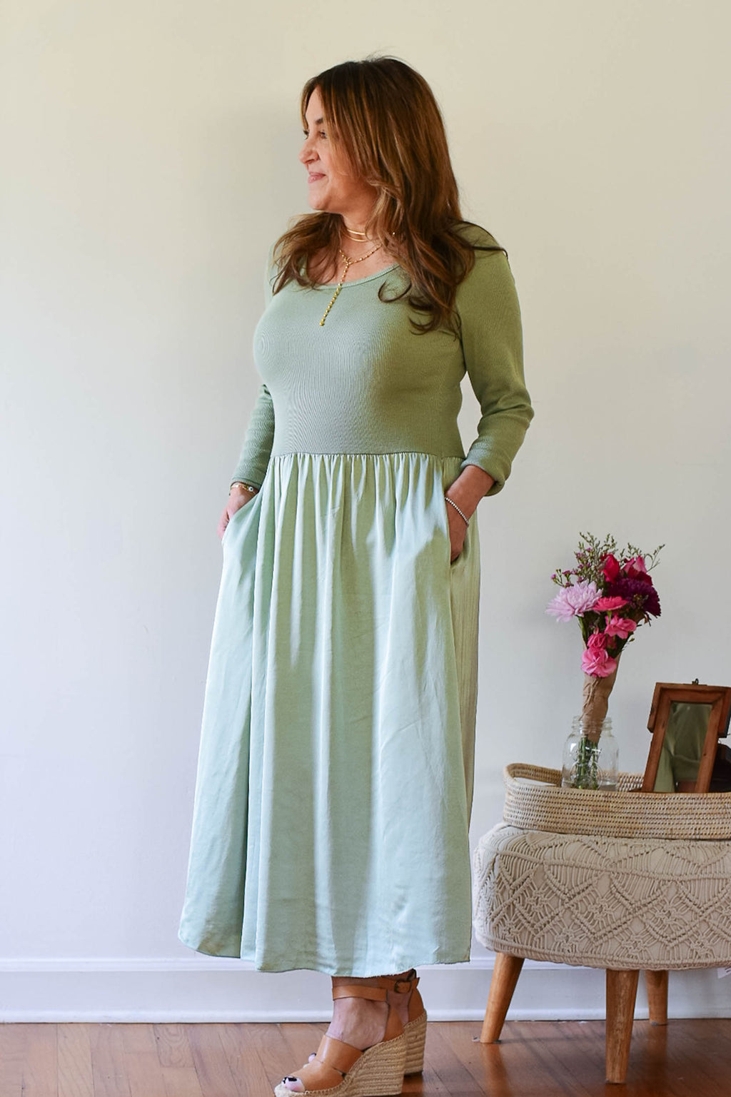 satin skirt dress, mixed media dress, sage green dress