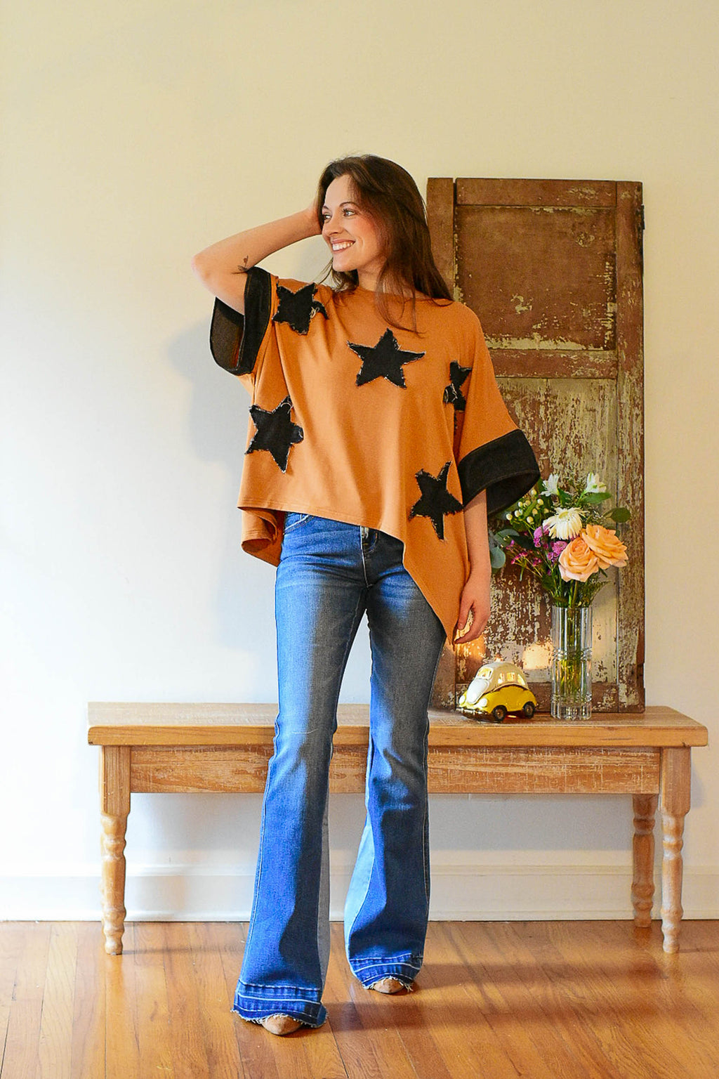 patches top, star top, burnt orange top, hippie top, flare top, flare sleeves, free people inspired, hippie style, mix texture top