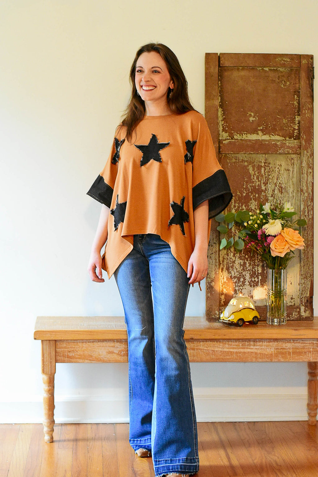 patches top, star top, burnt orange top, hippie top, flare top, flare sleeves, free people inspired, hippie style, mix texture top