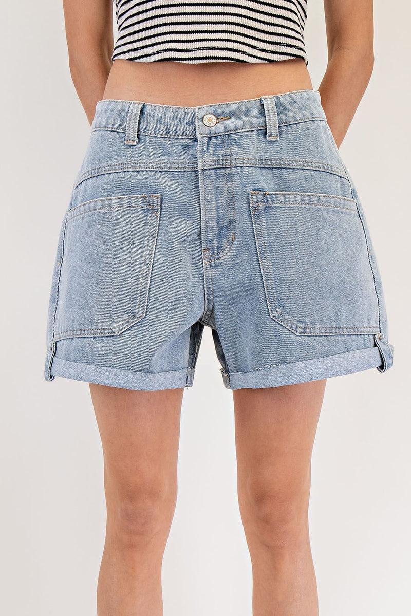 denim shorts, free people dupe, wide leg shorts, folded hem shorts