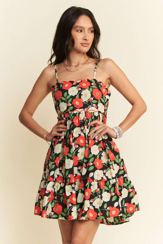 retro dress, vintage style, mini dress, short dress, tiered dress, scalloped dress, spring fashion, summer fashion, adjustable spaghetti strap dress