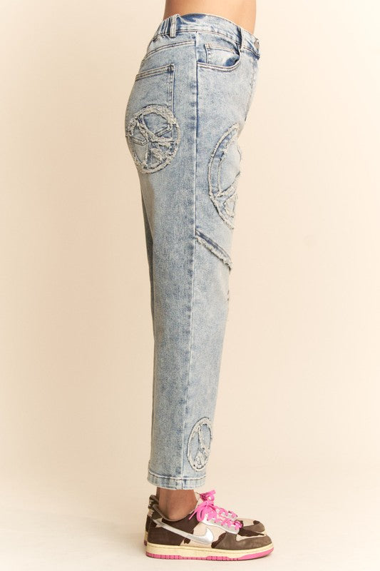 hippie jeans, patchwork jeans, peace sign jeans, peace sign clothes, hippie style, denim, hippie denim