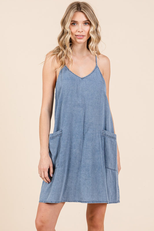 denim dress, spaghetti straps adjustable, summer dress with pockets, summer staple