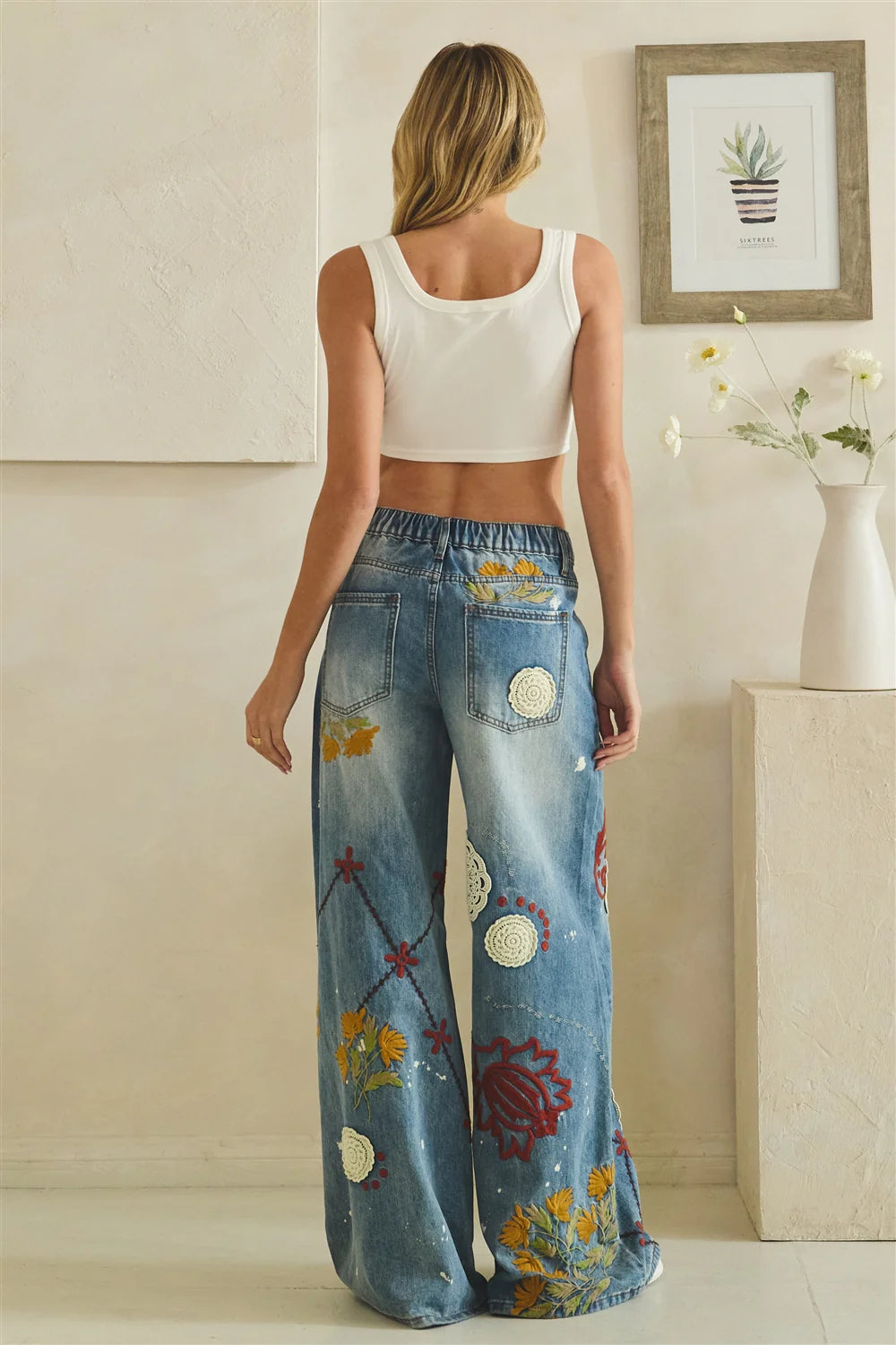 Embroidered Wide Leg Jeans