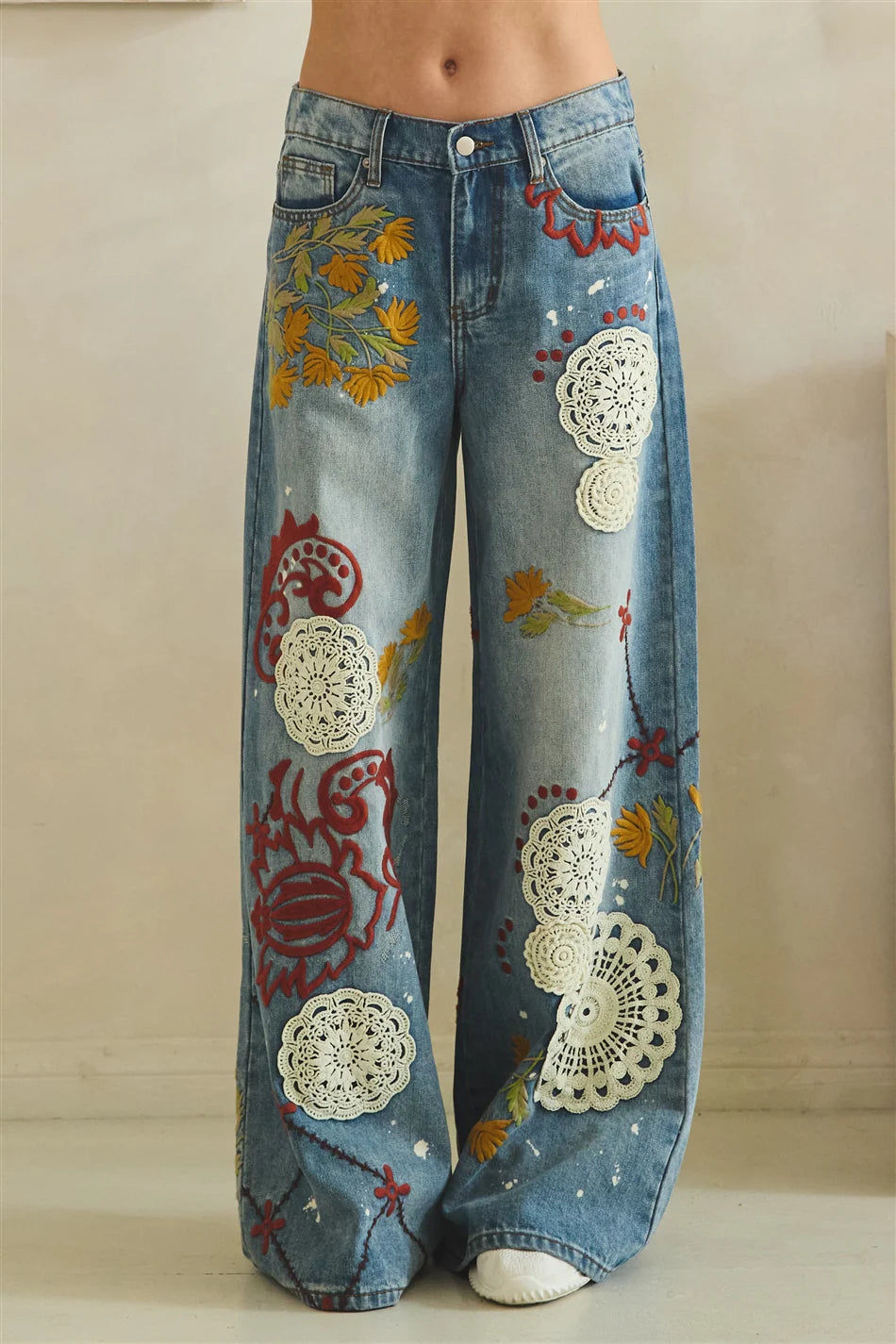Embroidered Wide Leg Jeans