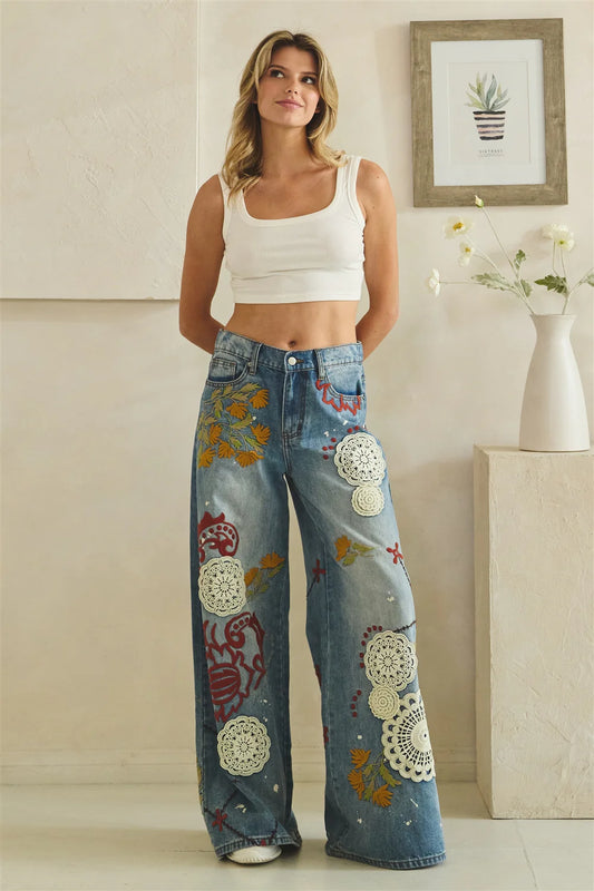 Embroidered Wide Leg Jeans