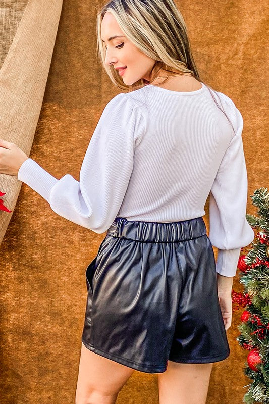 Faux Leather Shorts with Waist Ribbon